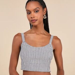 Lulus Classic Choice Navy Blue Gingham Square Neck Cropped Tank Top